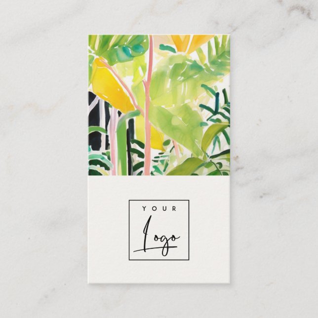 Boho Grön Tropisk Bladrik Lövverk Botanisk Logo Visitkort (Framsida)