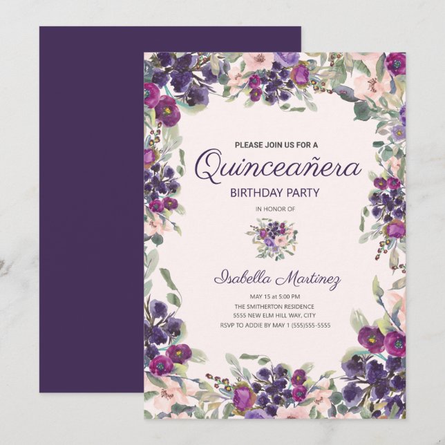 Boho gröna blad lila rosa blomster Quinceañera Inbjudningar (Fram/baksida)
