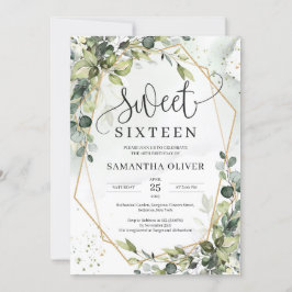 Boho grönska blad guld geometrisk sweet sixteen inbjudningar