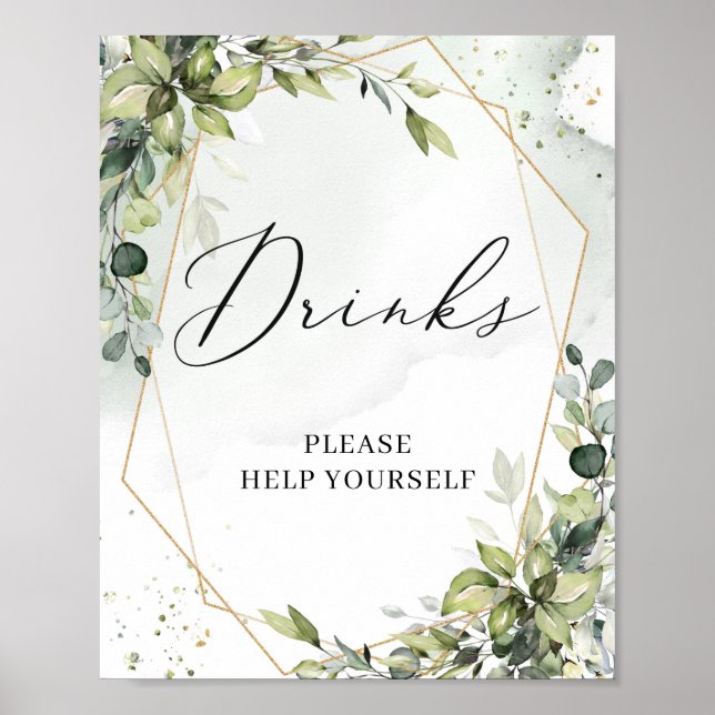 Boho grönska bladguld geometrisk drinks skylt (Framsidan)