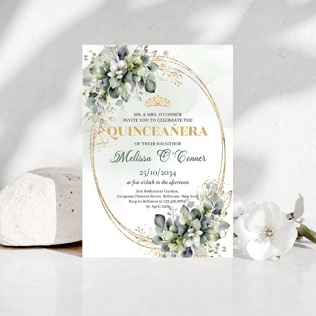 Boho grönska bladverk Quinceañera guld inbjudan (Boho Greenery Foliage Quinceañera Gold Invitation)