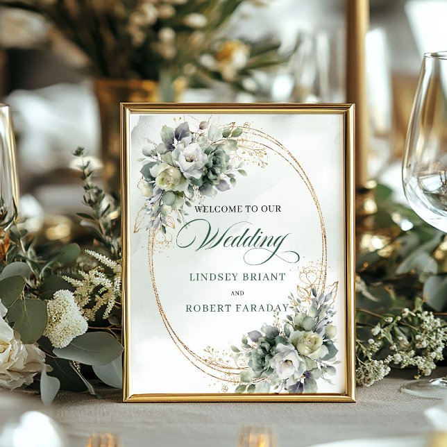 Boho grönska Eukalyptus Bröllop Välkomstskylt Guld Poster (Wedding Welcome Boho Dusty Green Eucalyptus Watercolor Wedding Welcome)