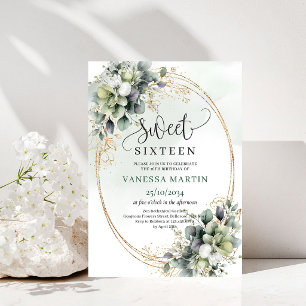 Boho grönska lövverk Sweet 16 Guld Inbjudan