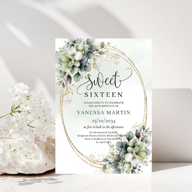 Boho grönska lövverk Sweet 16 Guld Inbjudan (Boho Greenery Foliage Sweet 16 Gold Invitation)