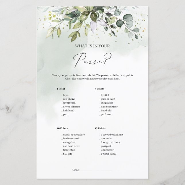 Boho grönska lövverk Vad har du i väskan lek (Framsida)