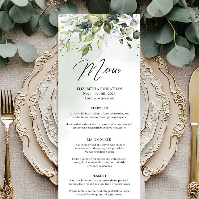 Boho grönska och guld eukalyptus bröllopsmeny meny (Boho greenery and gold eucalyptus wedding menu)