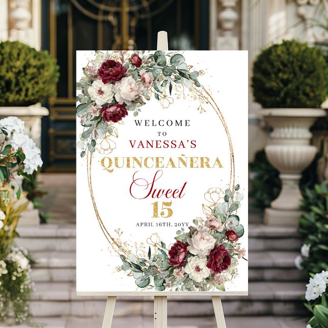 Boho grönska Quinceanera välkomstskylt Burgunder  Poster (Boho Greenery Quinceanera Welcome Sign Burgundy Gold!!!)