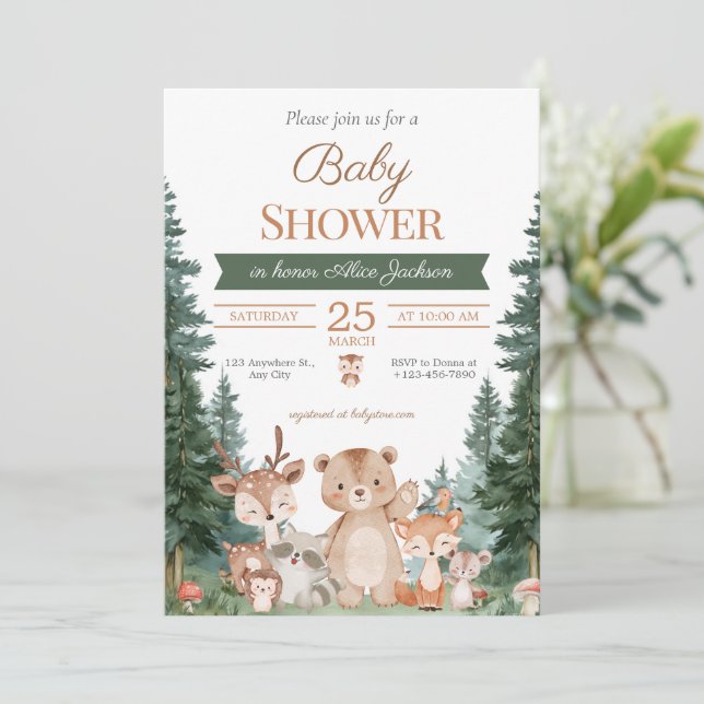 Boho grönska skogs djur baby shower inbjudningar (Stående Fram)