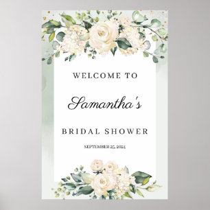 Boho grönska vita rosor bröllopsdusch välkommen poster