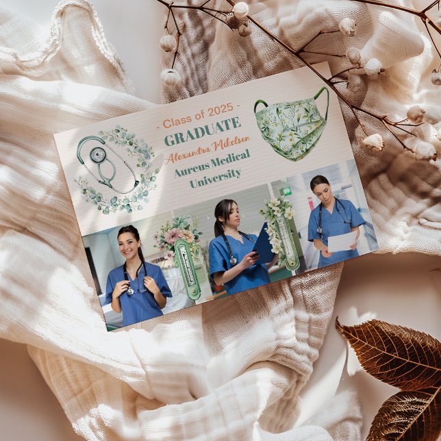 Boho Grönt 3 Photo Watercolor Nursing School Gradu Meddelande (Skapare uppladdad)