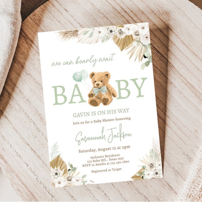 Boho Grönt Bear Baby Shower Inbjudningar (Gender Neutral Bear Baby Shower Invitation)