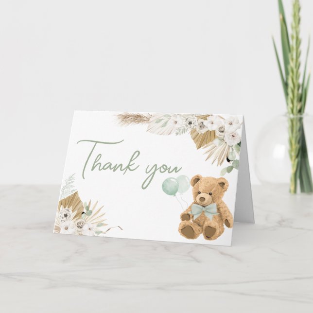 Boho Grönt Bear Baby Shower Tack Kort (Framsida)