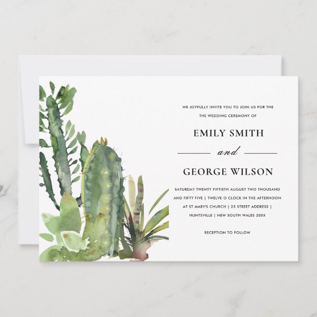 BOHO GRÖNT BLOMMIGT DESERT CACTI FOLIAGE BRÖLLOP INBJUDNINGAR (Framsida)