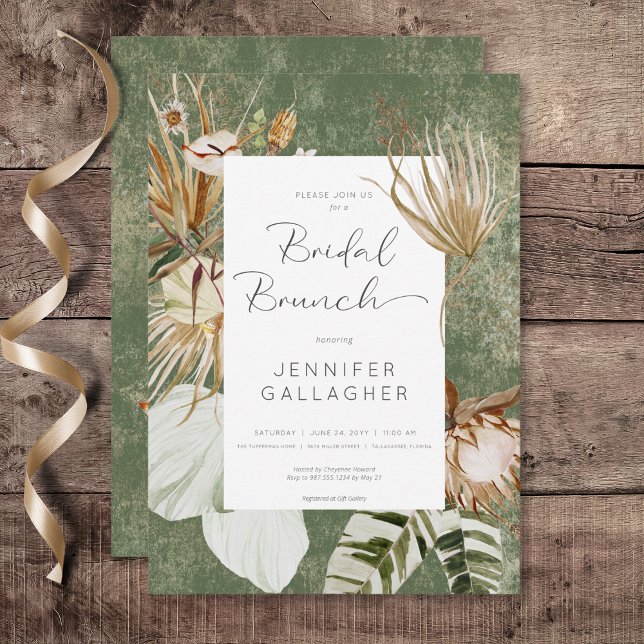 Boho Grönt Blommigt Grass Möhippa Brunch Inbjudningar (Boho Green Floral Grass Bridal Brunch Invitation)