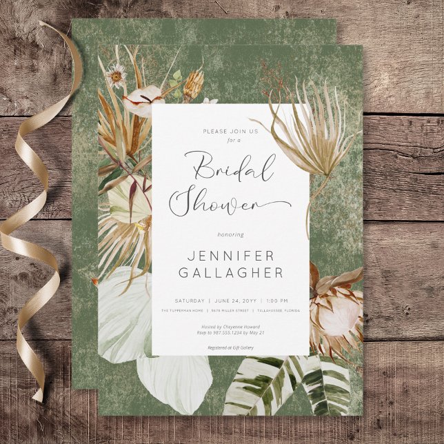 Boho Grönt Blommigt Grass Möhippa Inbjudningar (Boho Green Floral Grass Bridal  Shower Invitation)