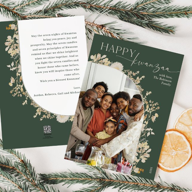 Boho Grönt Blommigt Lycklig Kwanzaa Photo Julkort (Skapare uppladdad)