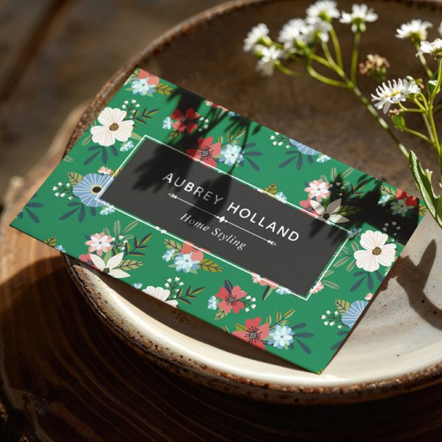 Boho Grönt Blue Coral Blommönster Visitkort (Skapare uppladdad)