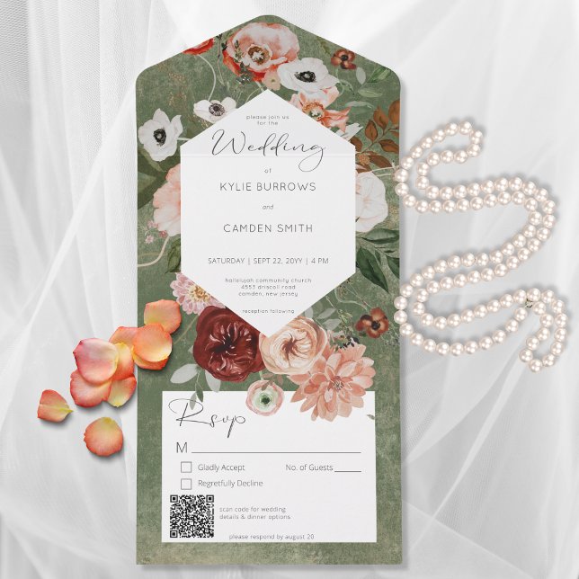 Boho Grönt Burgundy Fall Blommigt QR-kod (Skapare uppladdad)