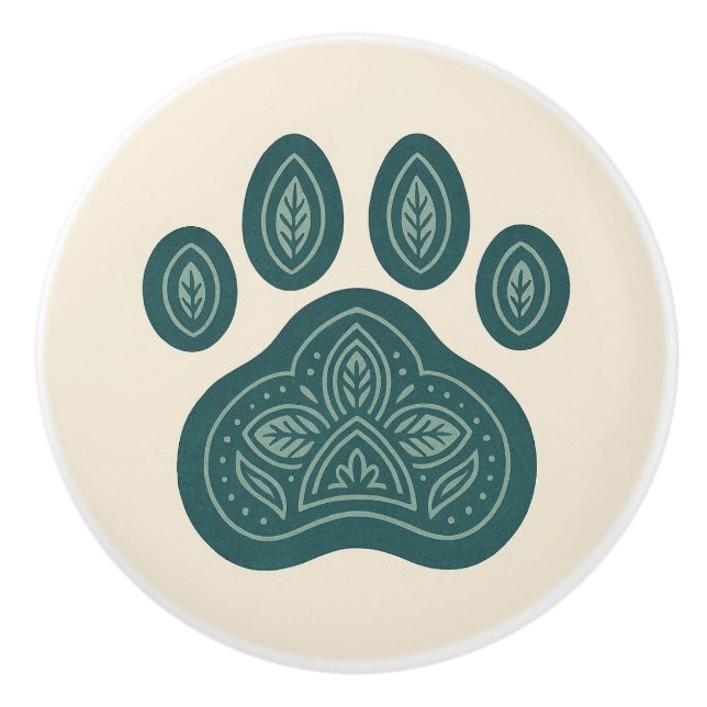 Boho Grönt & Cream Pawprint Folk Art Ceramic Knob Knopp (Framsidan)