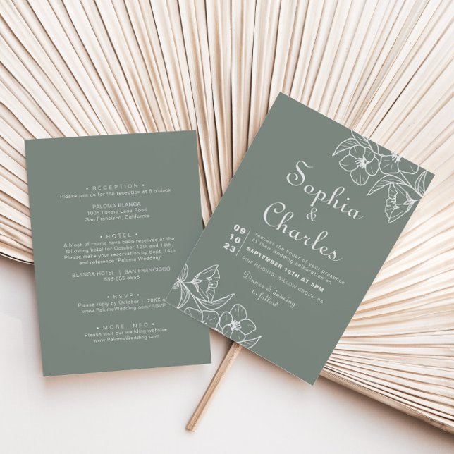 Boho Grönt Destination Blommigt Front Back Bröllop Inbjudningar (Skapare uppladdad)