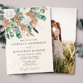 Boho Grönt Eucalyptus Beige Pampas Photo Bröllop Inbjudningar