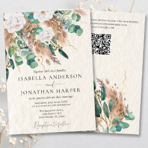 Boho Grönt Eucalyptus Pampas Grass QR Code Bröllop Inbjudningar
