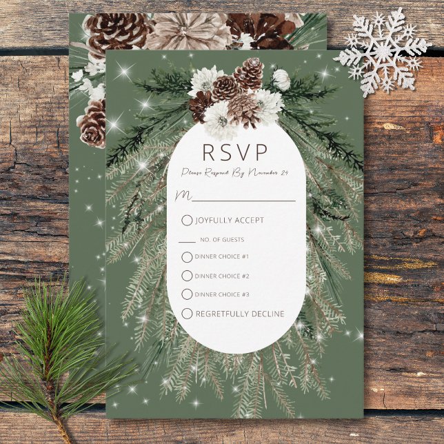 Boho Grönt Gräs Winter Gnistra 3 Middag OSA Kort (Boho Green Pine Winter Sparkle Three Dinner RSVP Card)