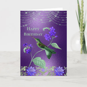 Boho Grönt Lila Hummingbird Blommigt Birthday Kort