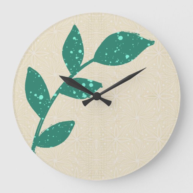 Boho Grönt Löv på Cream Blommigt Wall Clock Stor Klocka (Framsida)