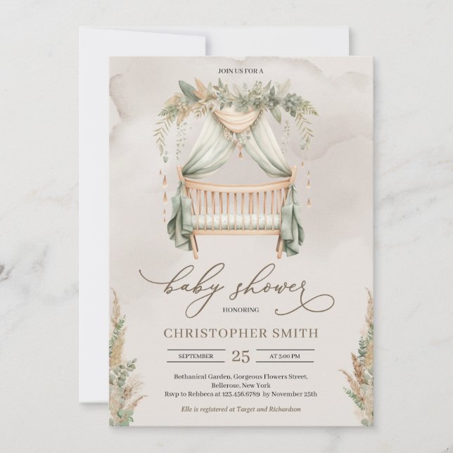 Boho grönt och brunpampasgräs baby crib inbjudningar (Framsida)