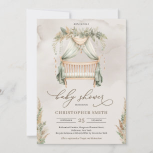 Boho grönt och brunpampasgräs baby crib inbjudningar