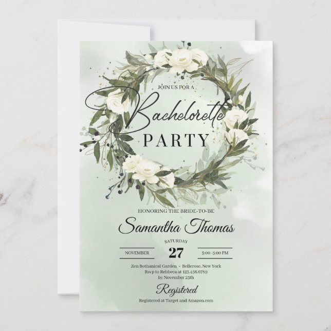 Boho grönt-olivkrans vit ros bachelorette inbjudningar (Framsida)