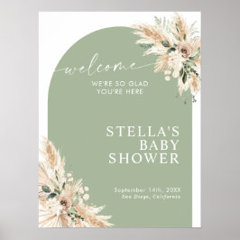 Boho Grönt Pampas Grass Baby Shower Poster