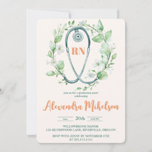 Boho Grönt Photo Watercolor Nursing School Gradua Inbjudningar
