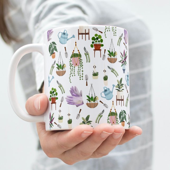 Boho Grönt Poted Plant Mönster Coffee Mugg (Woman's hand holds the potted plant pattern coffee mug)