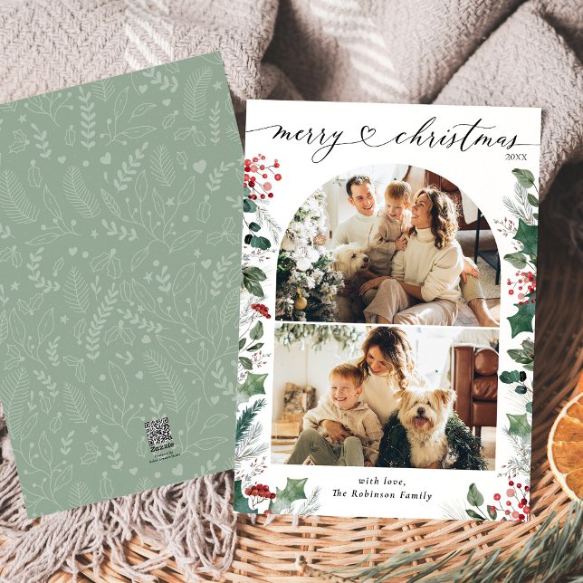 Boho Grönt Red Arch Photo jul Card Julkort (Skapare uppladdad)