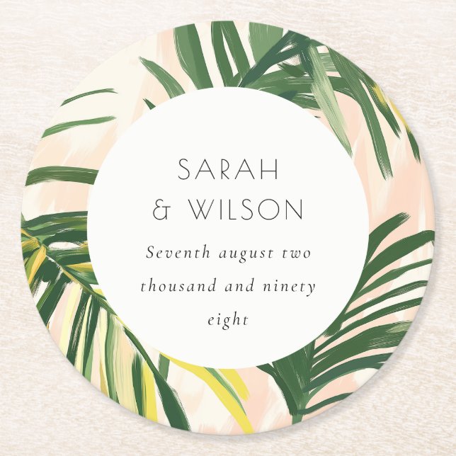 Boho  Grönt Tropical Handflatan Beach Wedding Underlägg Papper Rund (Framsidan)