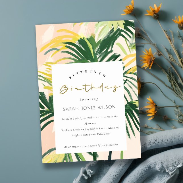 Boho  Grönt Tropical Handflatan Sweet 16 Birthday Inbjudningar (Skapare uppladdad)