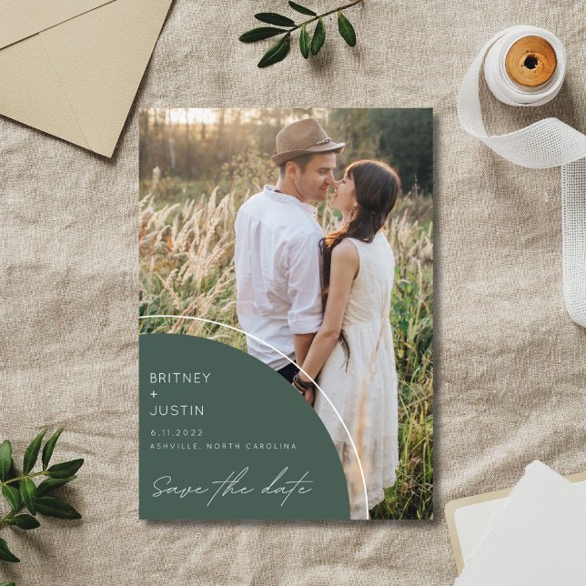 Boho Grönt Two Photo Bröllop Spara Datumet (Modern Photo Wedding Save the dates  )