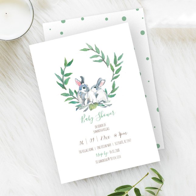 Boho Grönt Watercolor Bunny Baby Shower Inbjudningar (Baby shower invitation woodland bunny rabbit watercolor art by Victoria Grigaliunas)