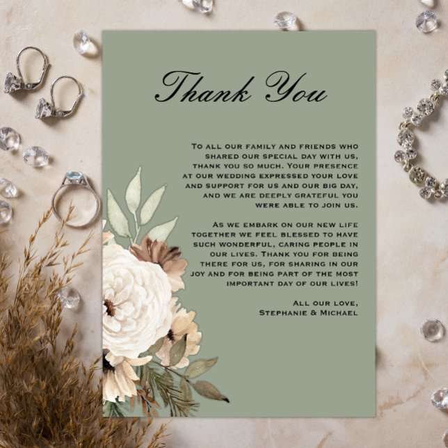 Boho Grönt, WildblomBouquet Bröllop Tack Kort (Skapare uppladdad)