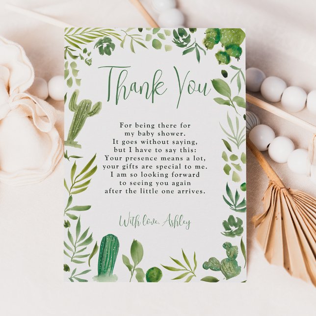 Boho-grönten påverkar könsneutral chic babydusch tack kort (Boho green cactus gender neutral chic baby shower thank you card)