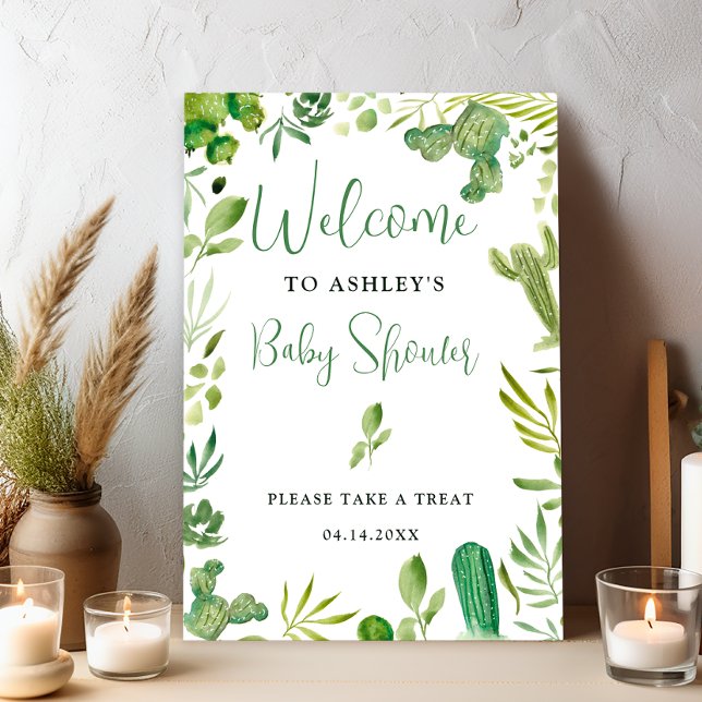 Boho-grönten utnyttjar könscellernas välkomstdusch poster (Boho green cactus gender neutral welcome shower poster)
