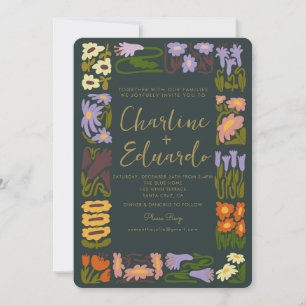 Boho Groovy Colorful Flower Retro Bröllop Inbjudningar