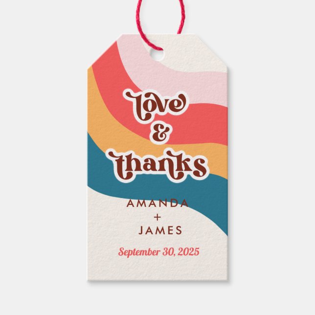 Boho Groovy Retro 70-talet Bröllop Kärlek och tack Presentetikett (Framsidan)