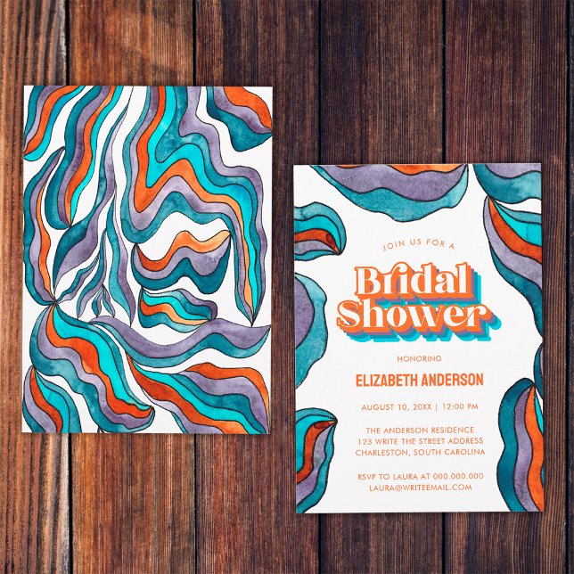 Boho Groovy Retro Djärv Färgrik Vågig Bröllopsfest Inbjudningar (Front and Back)