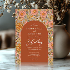 Boho groovy terracotta och rosa blommor bröllop inbjudningar