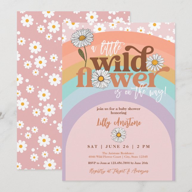 Boho Groovy Wildblomma Baby Shower-inbjudan Inbjudningar (Fram/baksida)