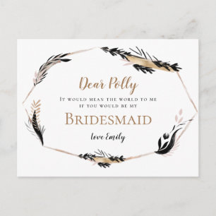 Boho Guld Black Feathery Löv Bridesmaid-begäran Vykort