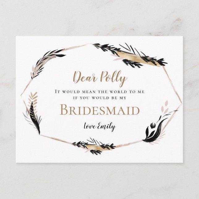 Boho Guld Black Feathery Löv Bridesmaid-begäran Vykort (Framsida)